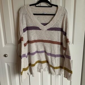 Sonoma Plus Size Women's Cream V-Neck Sweater with Multicolor Stripes